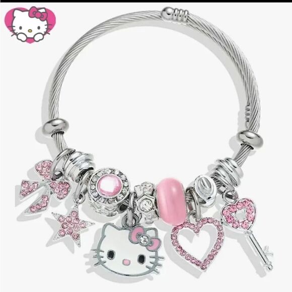 Hello Kitty Charm Pendant Silver & Pink Tone Bangle Bracelet - Picture 1 of 5
